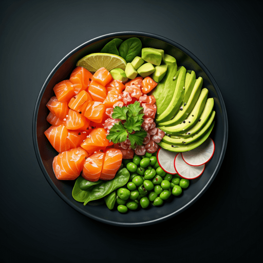 Salmon poke bowl with avocado and greens